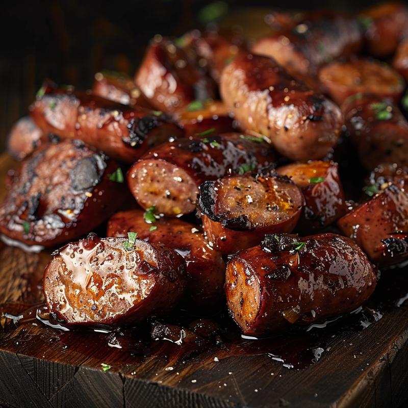 Close-up of sticky beef sausage tray bake on a rustic wooden table with dramatic lighting.