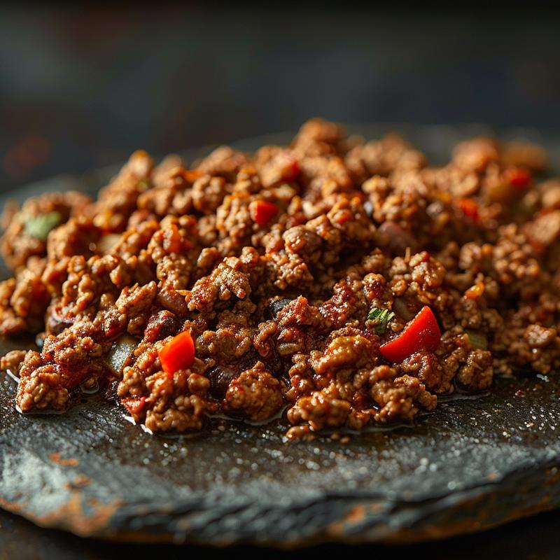Close-up of a flavorful portion of Mexican ground beef served on a rustic slate plate.