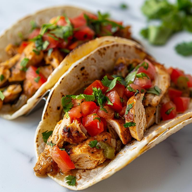 Close-up of high protein chicken tacos on a marble surface with vibrant toppings.