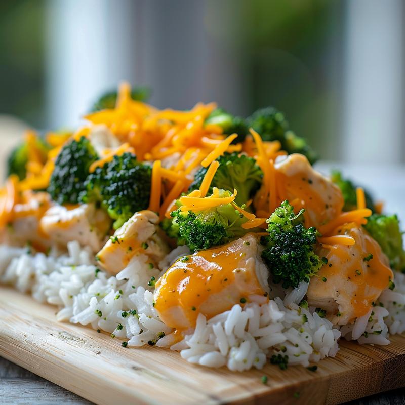 Close-up of cheddar broccoli chicken and rice on a wooden board, showcasing vibrant colors and textures.