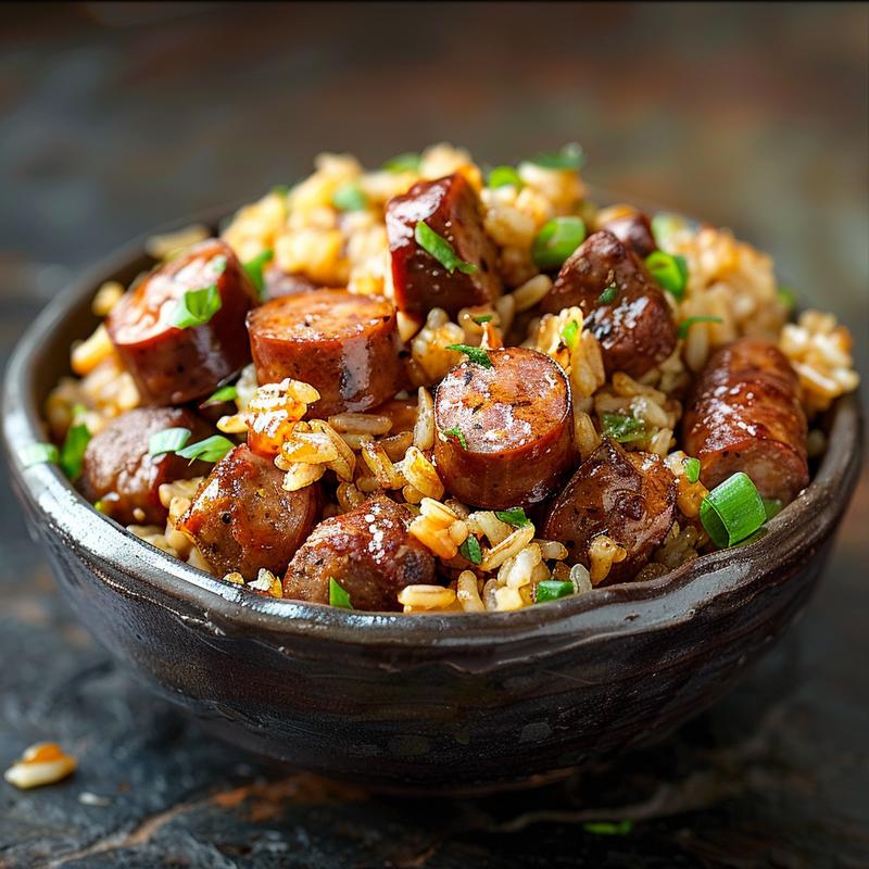 A close-up of a serving of chicken sausage rice with a sweet and tangy BBQ sauce on a dark stone countertop.