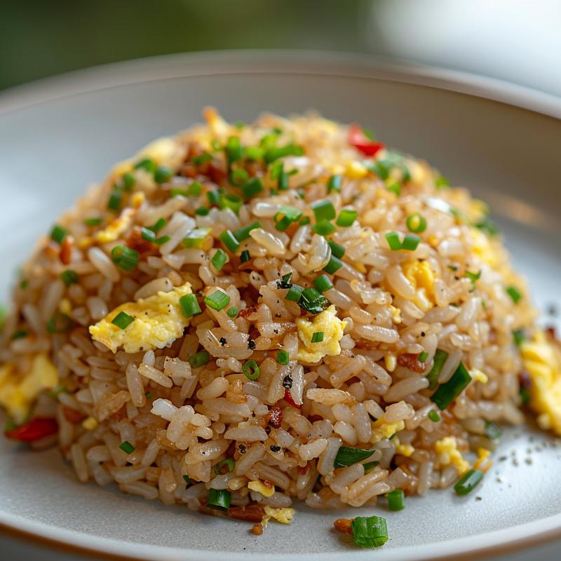 A portion of egg fried rice presented on a light grey ceramic plate, with a focus on the dish's textures.