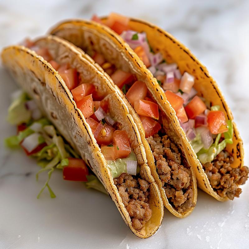 Close-up of a delicious Big Mac taco showcasing layers of beef, lettuce, cheese, and sauce on a white marble surface.