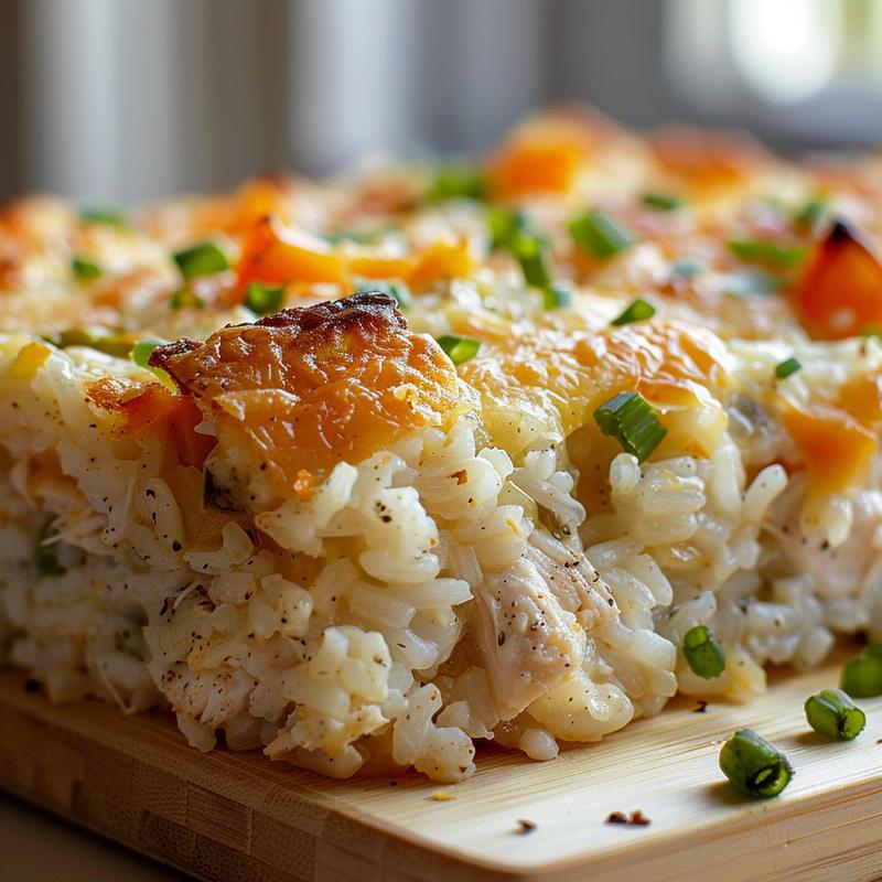 A close-up view of a creamy Ritz chicken and rice casserole on a wooden board.