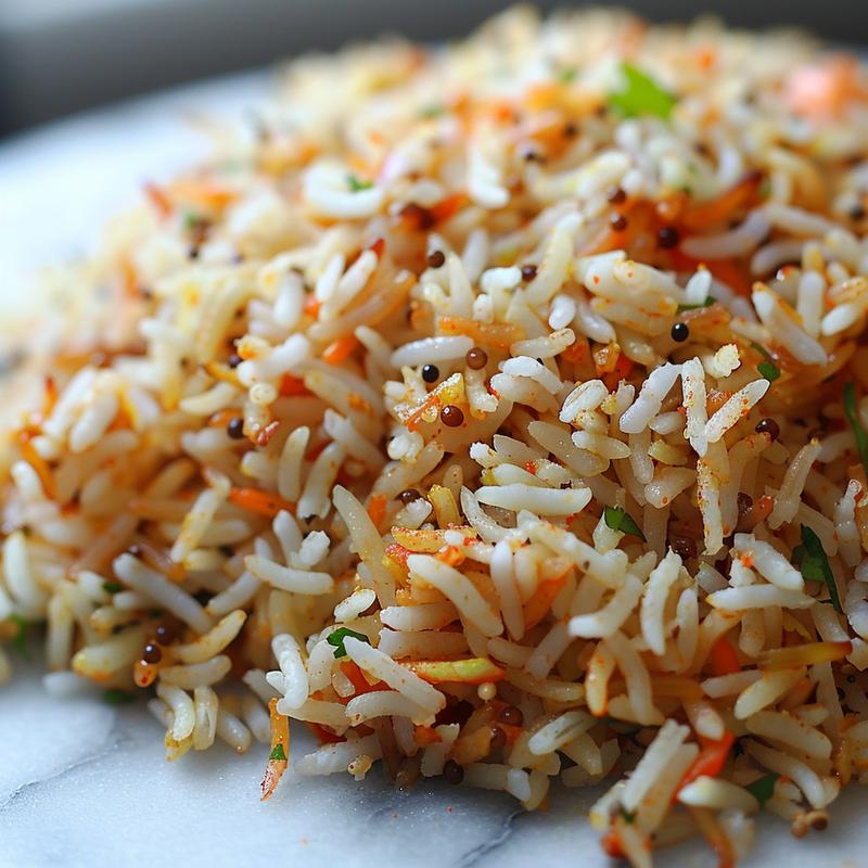Close-up of a vibrant portion of Indian fried rice on a marble surface.