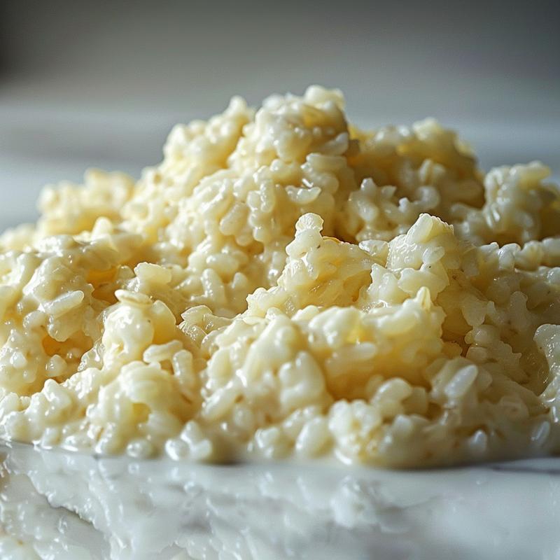 A close-up view of creamy rice pudding in a minimalist white bowl on a marble surface.