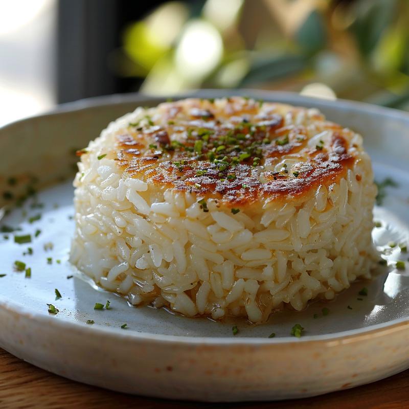 Close-up of a delicious rice patty on a light grey plate, showcasing its texture.