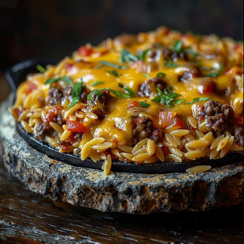 Close-up of a delicious one-pot cheeseburger orzo skillet served on a rustic slate plate.