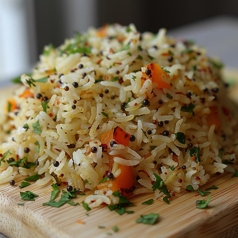 A close-up view of flavorful Indian leftover rice, arranged artistically on a light wood board.