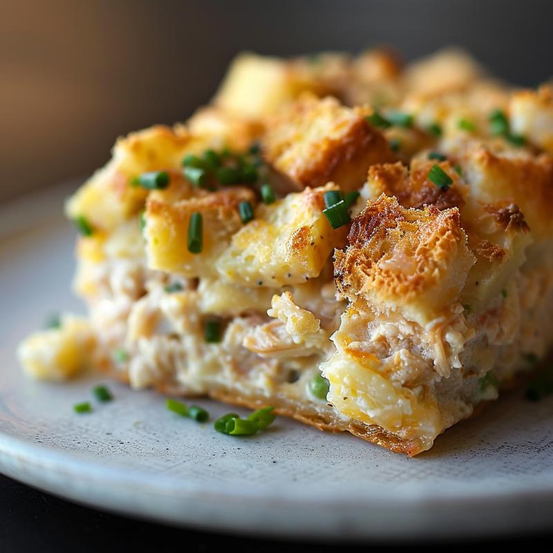 Close-up of a creamy tuna casserole on a light grey ceramic plate.