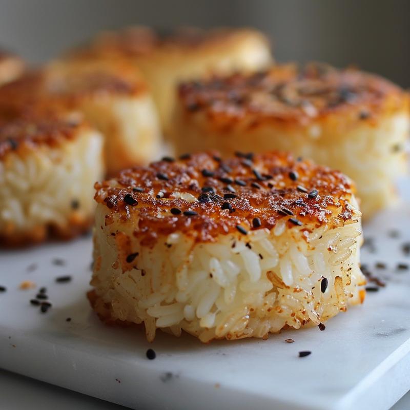 Close-up of golden, crispy rice patties arranged on a white marble surface.