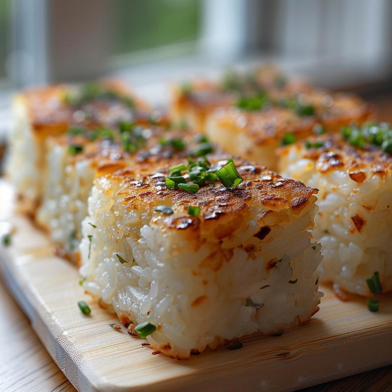 Close-up of crispy rice patties on a light wood board with natural light.