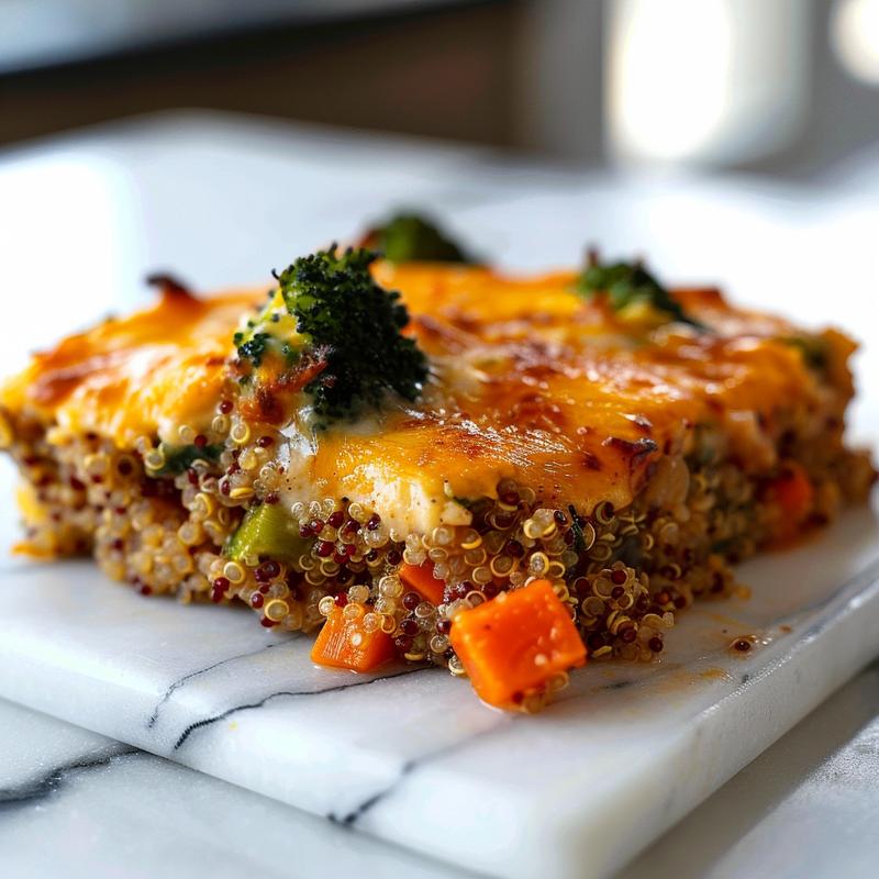 Close-up view of a cheesy veggie quinoa casserole highlighting its creamy texture and colorful vegetables.