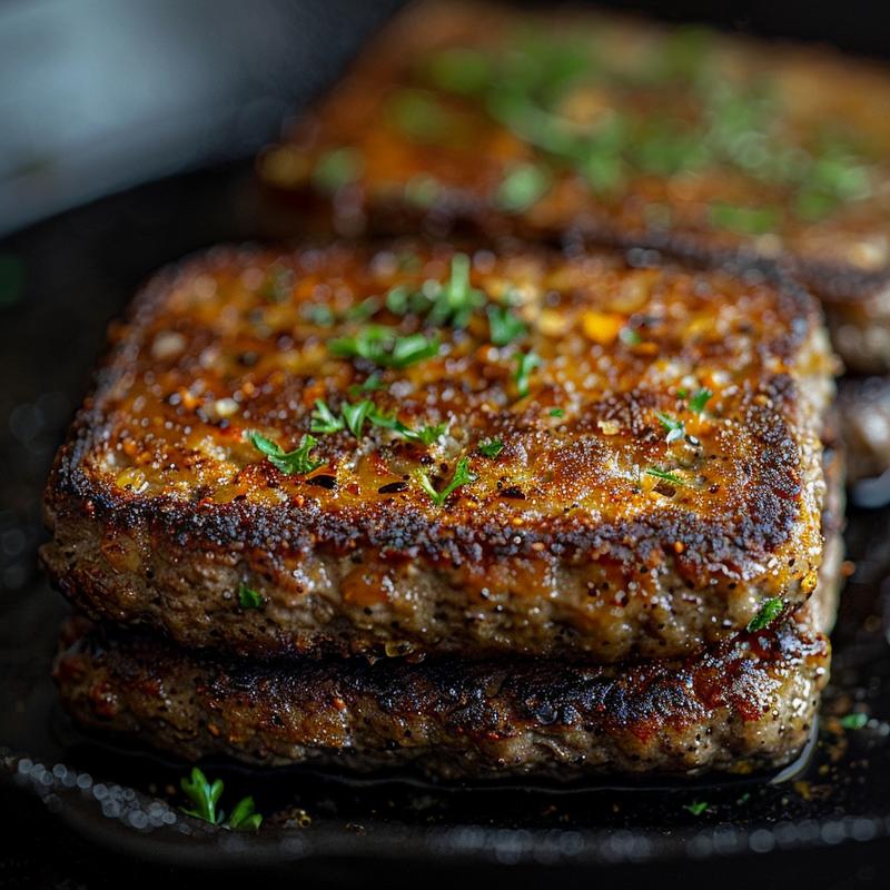Close-up of a keto hamburger on a cast iron surface, showcasing rich textures and shadows.