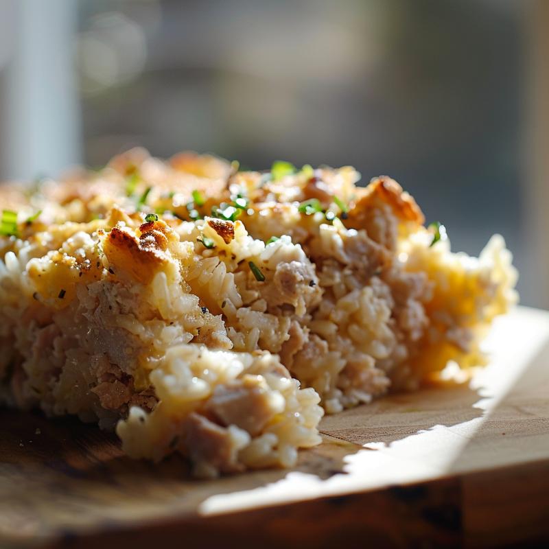 Close-up of a creamy tuna rice casserole on a light wood board.