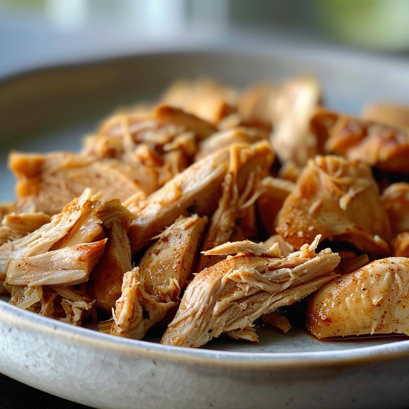 Close-up of a portion of shredded chicken on a light grey ceramic plate.