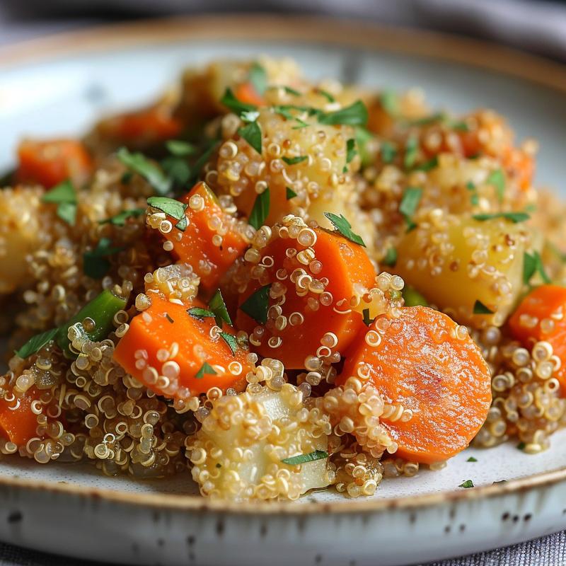 Close-up of a colorful veggie packed quinoa casserole on a light grey ceramic plate.