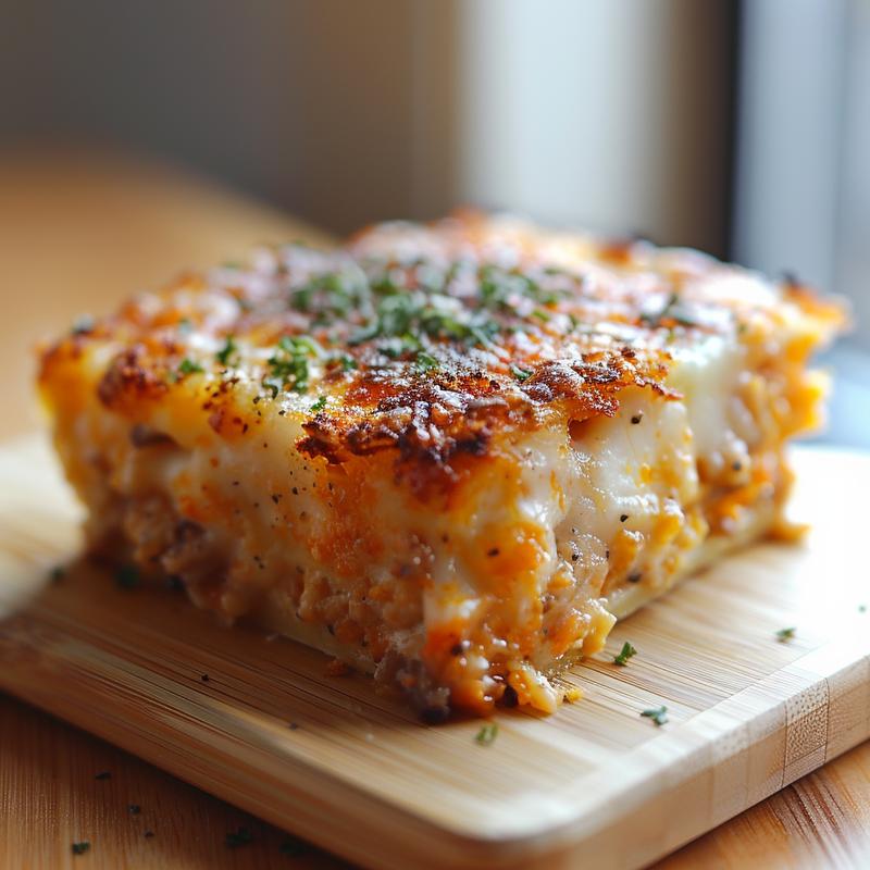 A close-up shot of a delicious portion of various casseroles arranged on a light wood board.