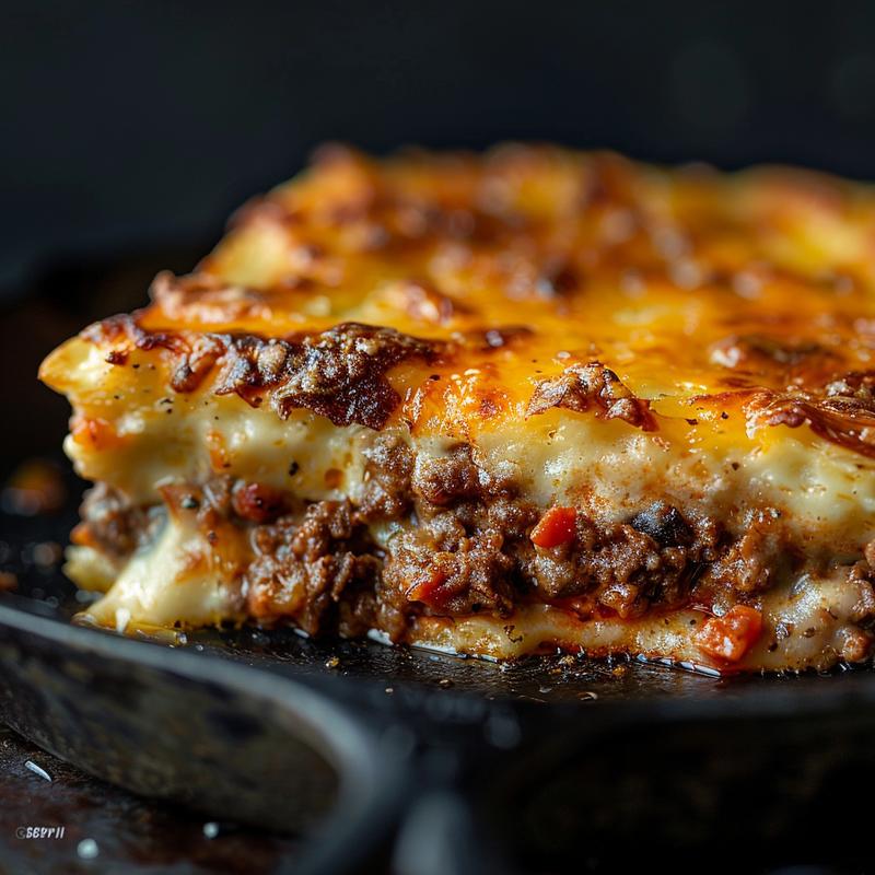 Close-up of a rustic cast iron surface featuring a variety of low-carb ground beef dishes, beautifully lit with moody shadows.