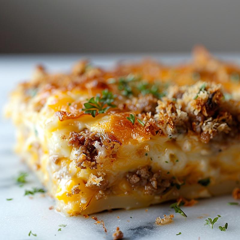 A close-up shot of a delicious chicken casserole portion on a marble surface.