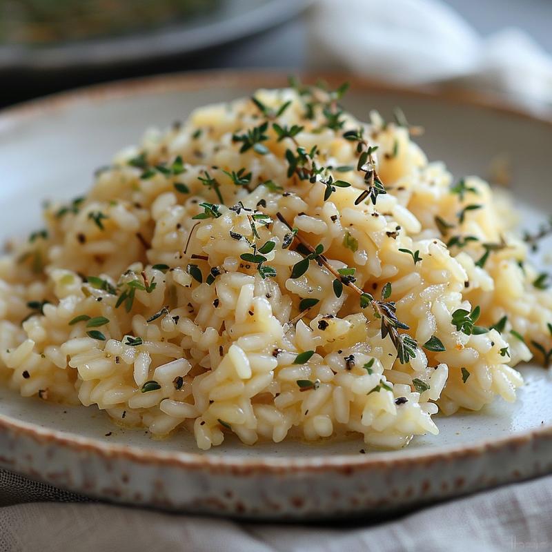 A close-up shot of a creamy, flavorful risotto served in a light grey ceramic plate.
