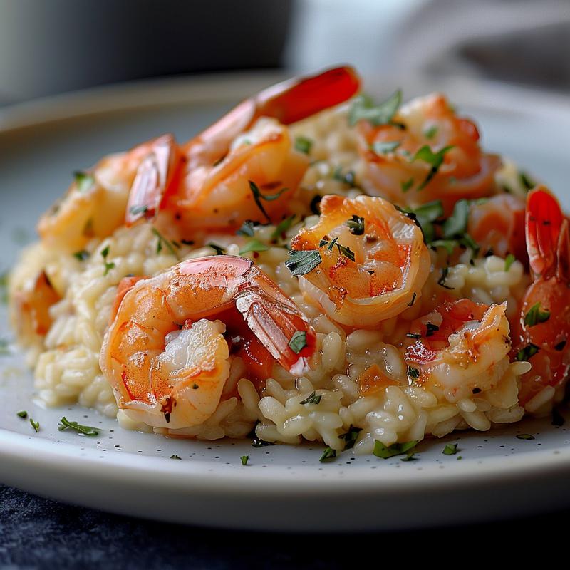 Close-up of a creamy baked shrimp risotto served on a light grey ceramic plate.