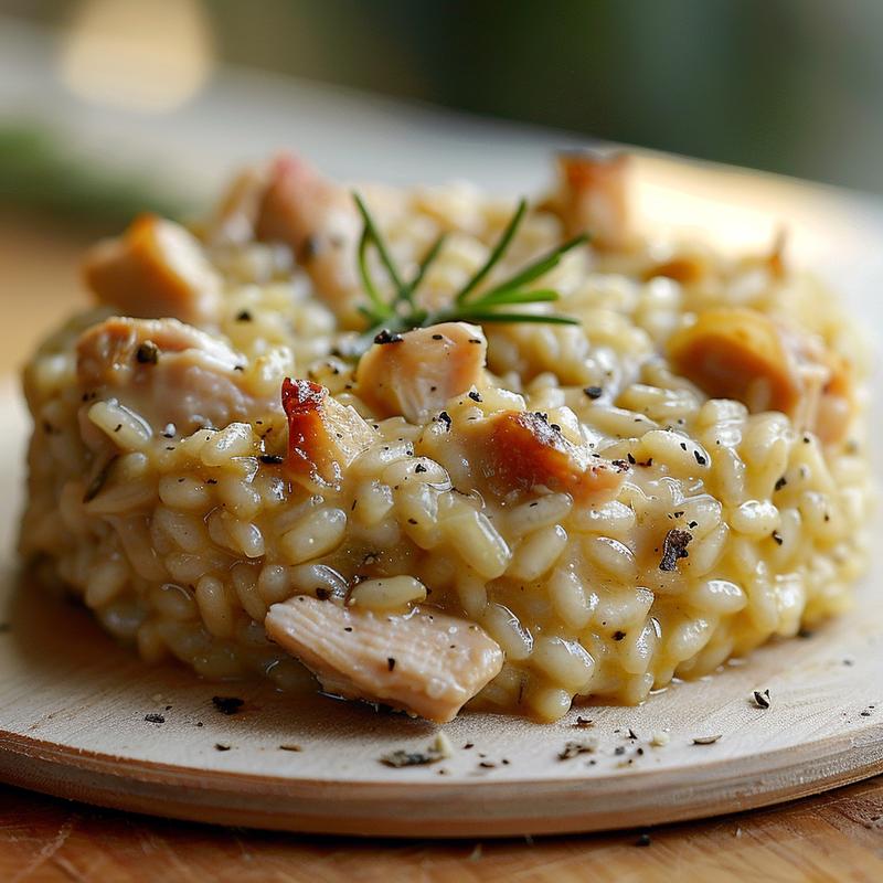 Close-up of creamy oven-baked chicken risotto on a wooden board.