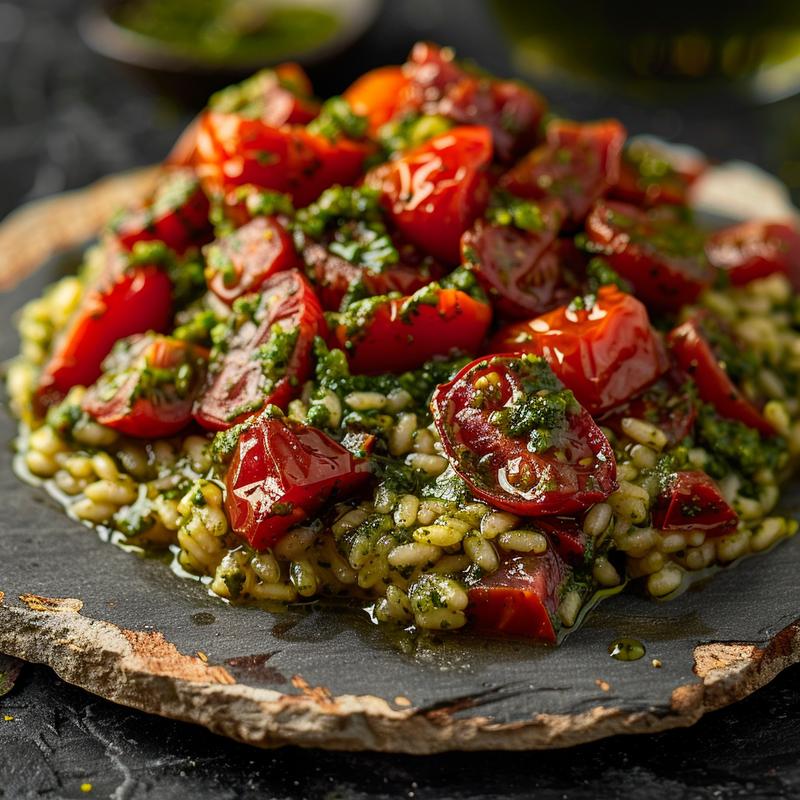 Close-up of creamy pesto risotto topped with roasted tomatoes on a rustic slate plate.