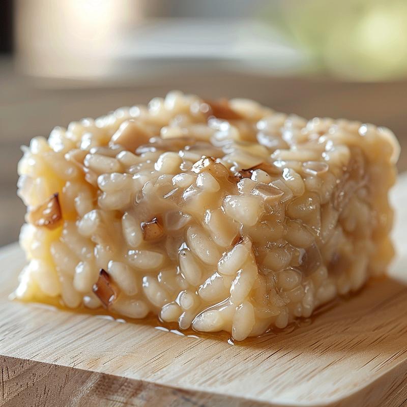 Close-up shot of baked risotto served on a light wood board.