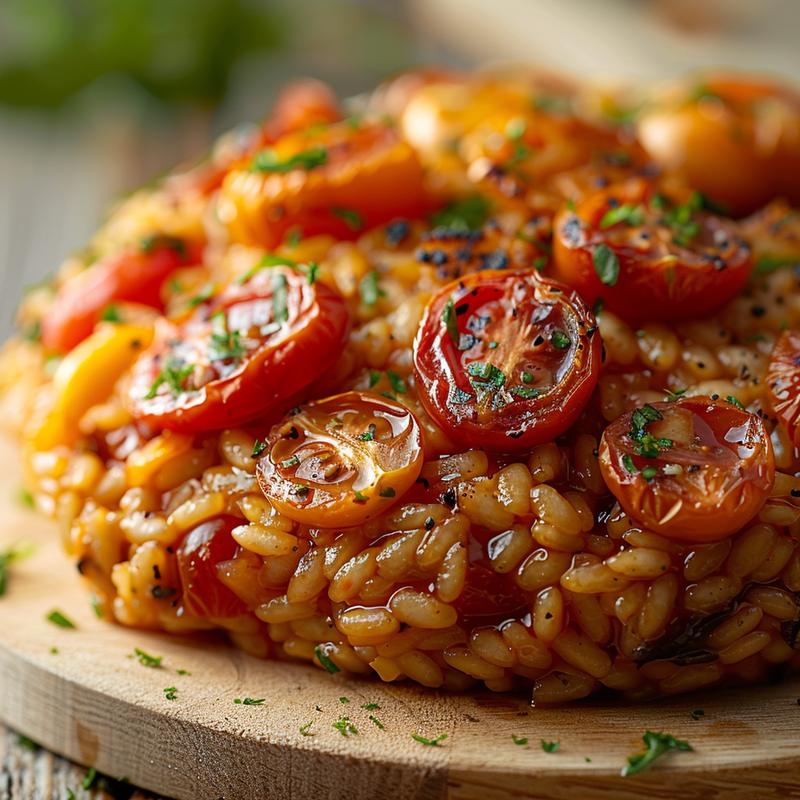 Close-up of a creamy baked tomato risotto on a wooden board.