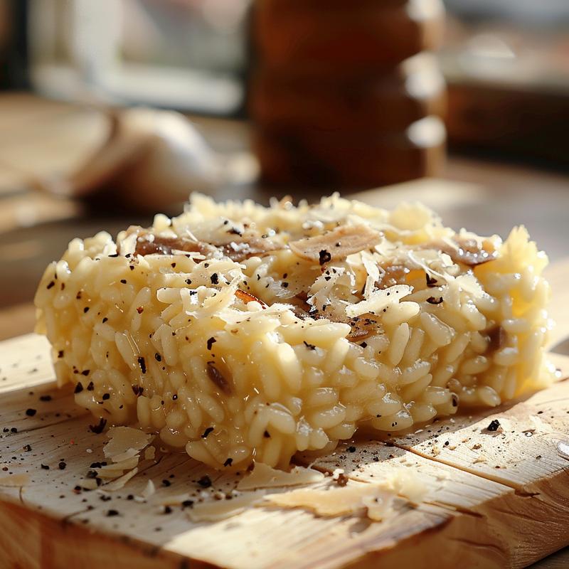 A close-up view of a portion of baked risotto on a wooden board, showcasing its creamy texture.