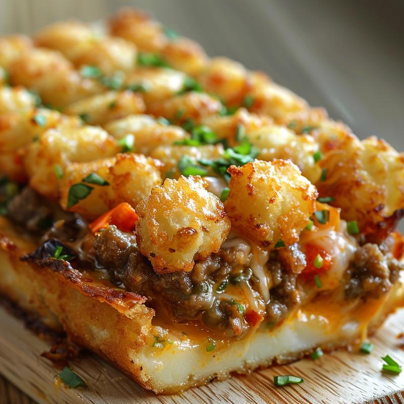 Close-up of a creamy cauliflower casserole on a light wood board, showcasing its texture.