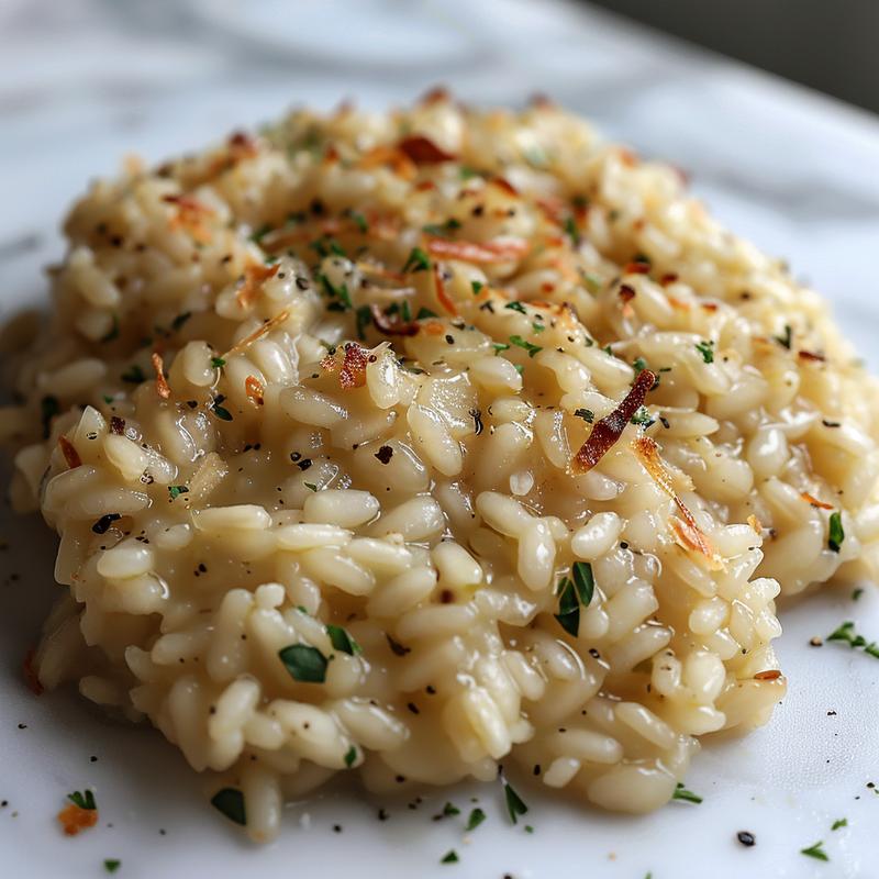 Close-up of a creamy, oven-baked risotto on a white marble surface.