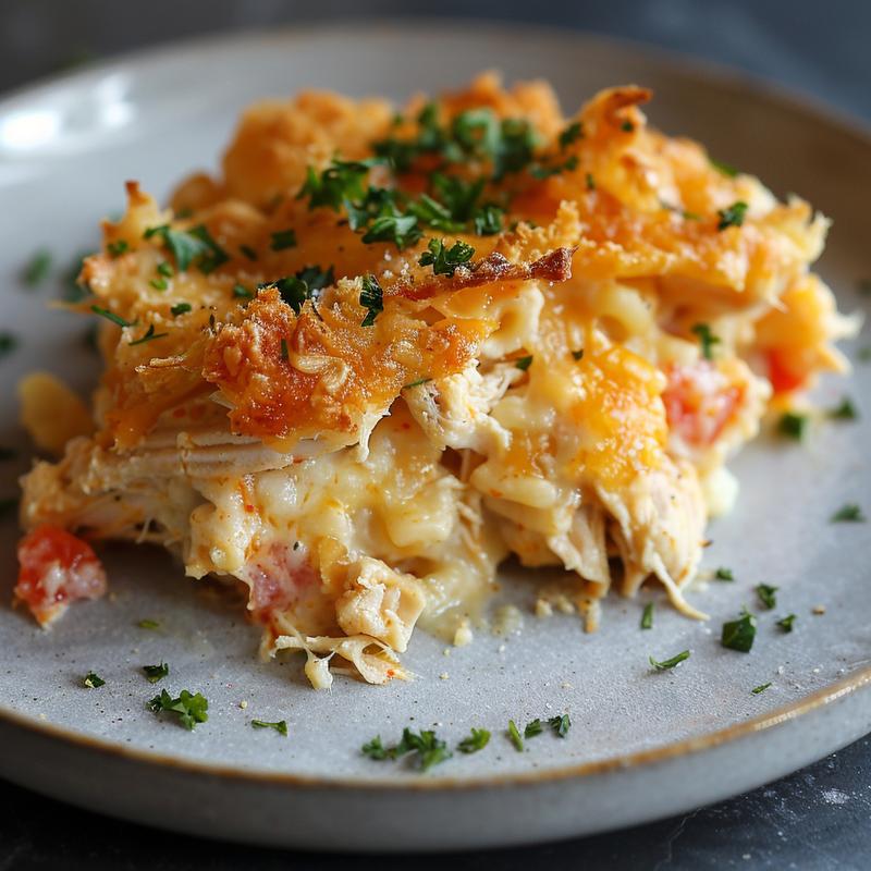Close-up of a portion of rotisserie chicken casserole on a light grey ceramic plate.