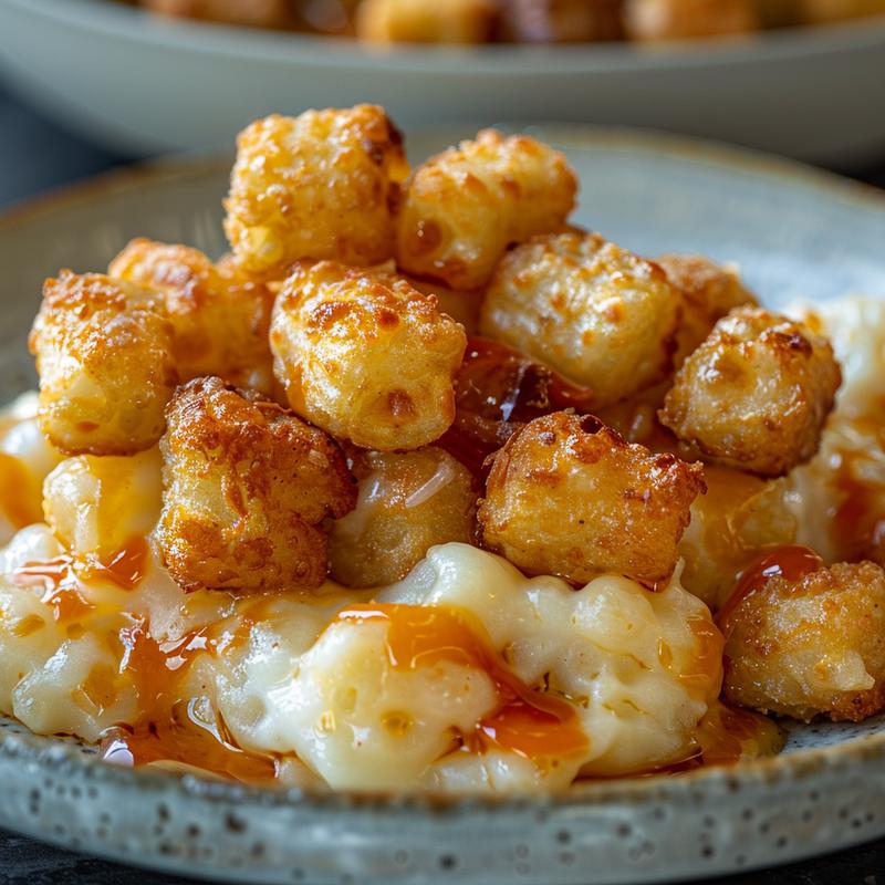 Close-up of a serving of tater tot casserole on a light grey ceramic plate.