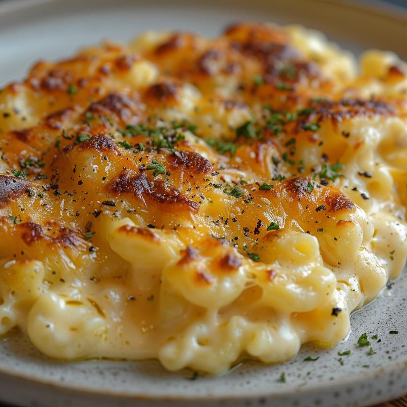 Close-up of creamy five cheese mac and cheese on a grey plate, showcasing rich textures.