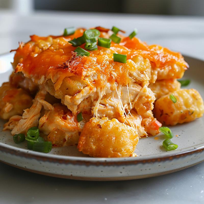 Extreme close-up of a vibrant serving of cracked out chicken tater tot casserole on a light grey ceramic plate.