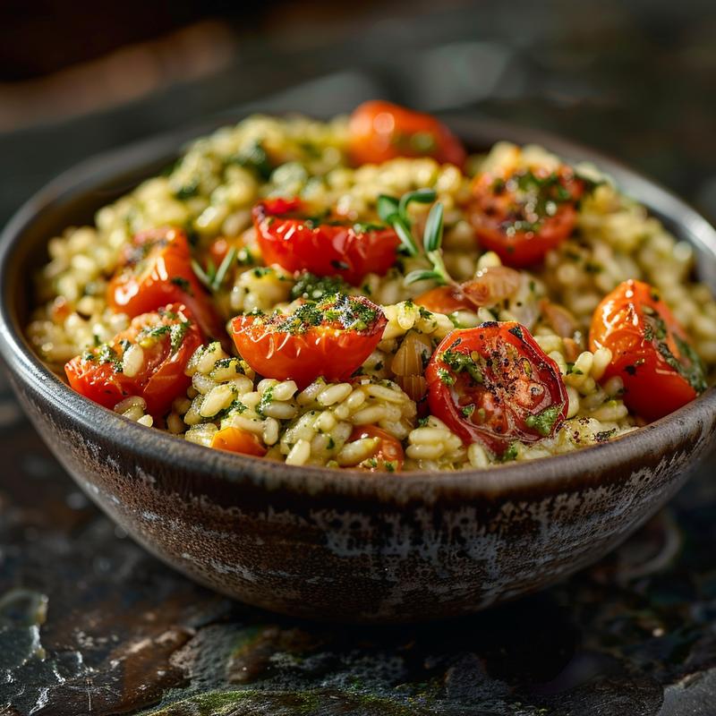 A close-up of creamy pesto risotto topped with roasted cherry tomatoes on a dark stone background.
