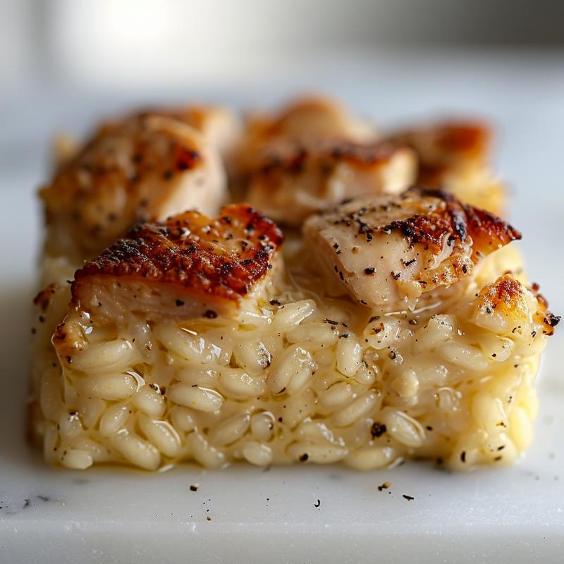 A close-up view of a creamy oven-baked chicken risotto on a white marble surface.