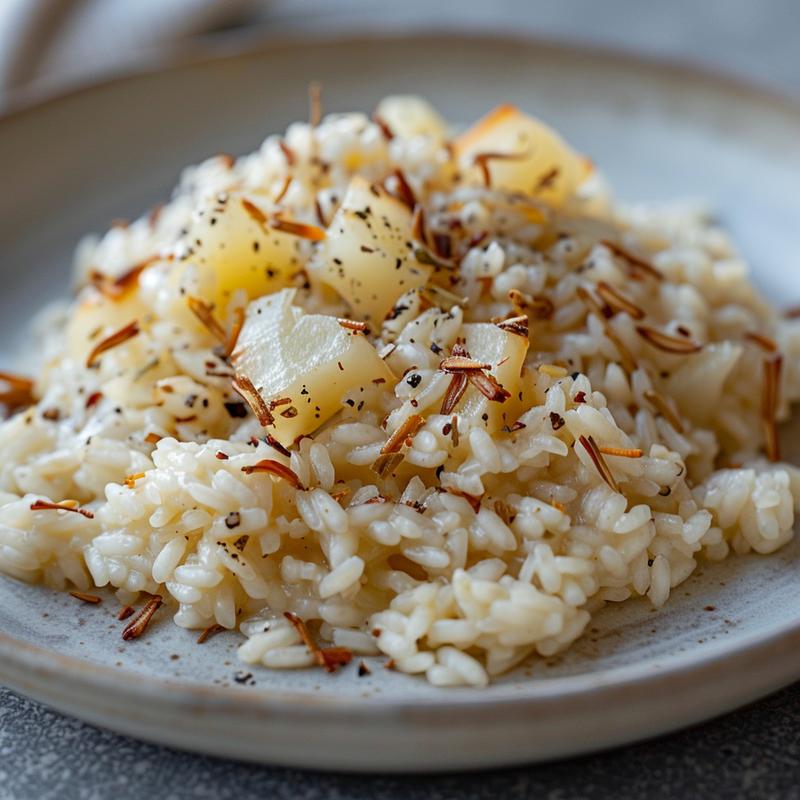 Close-up of a creamy baked risotto on a light grey plate, showcasing its texture.