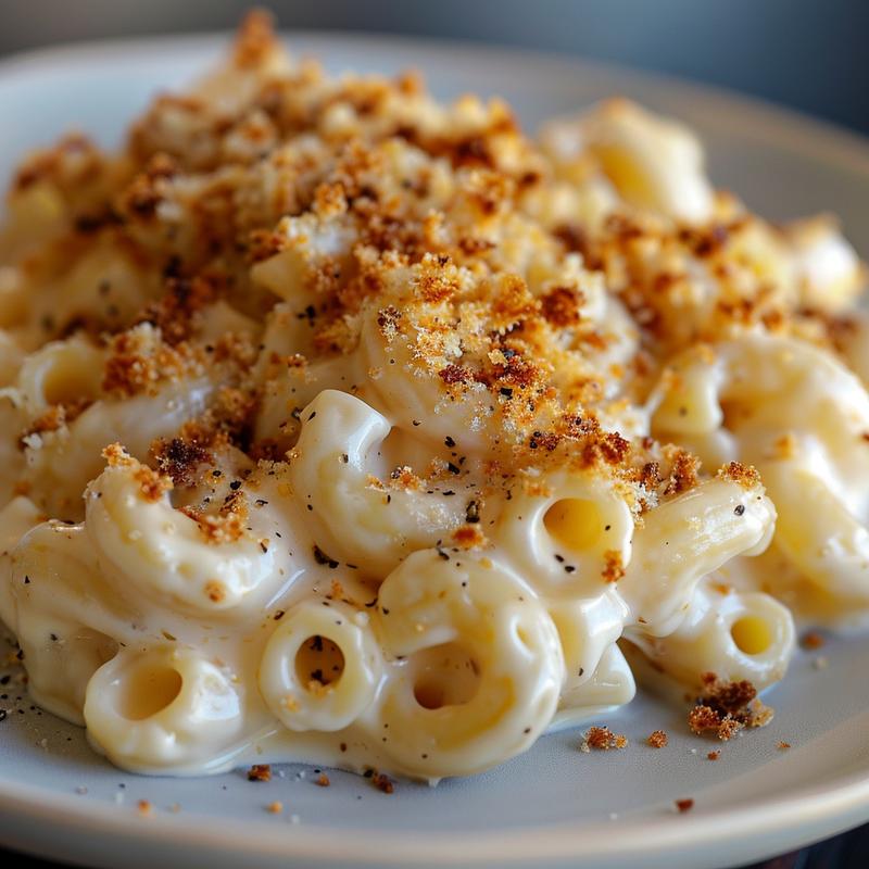A close-up shot of creamy baked mac and cheese topped with crispy breadcrumbs on a light grey plate.