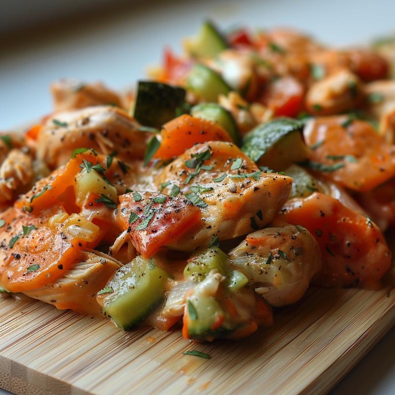 Close-up of a veggie-loaded rotisserie chicken casserole on a light wood board.