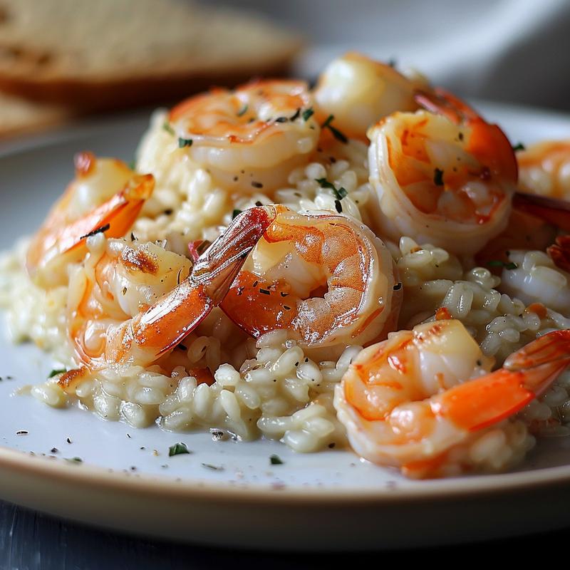 A close-up view of a creamy baked shrimp risotto on a light grey plate.