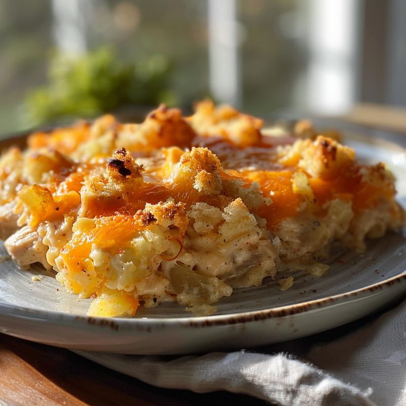 Close-up of a creamy cheesy chicken hashbrown casserole on a light grey plate.
