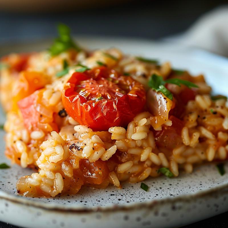 A close-up view of a creamy baked tomato risotto on a light grey plate, highlighting its rich texture.