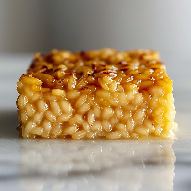 A close-up of creamy risotto al forno on a white marble surface, showcasing its texture and golden-brown crust.