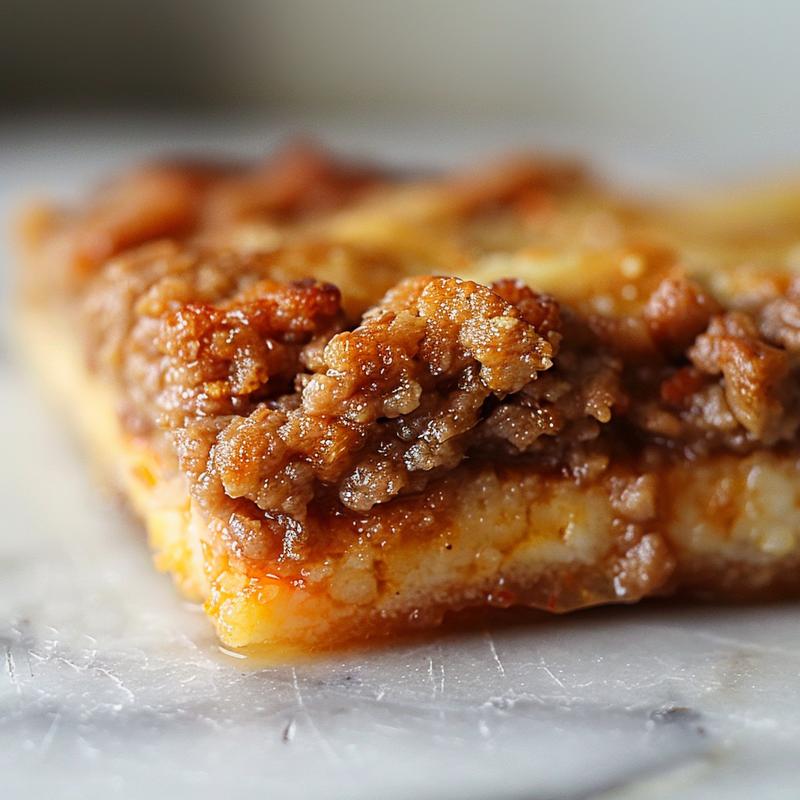 Close-up view of cheesy cauliflower bake on a white marble surface.