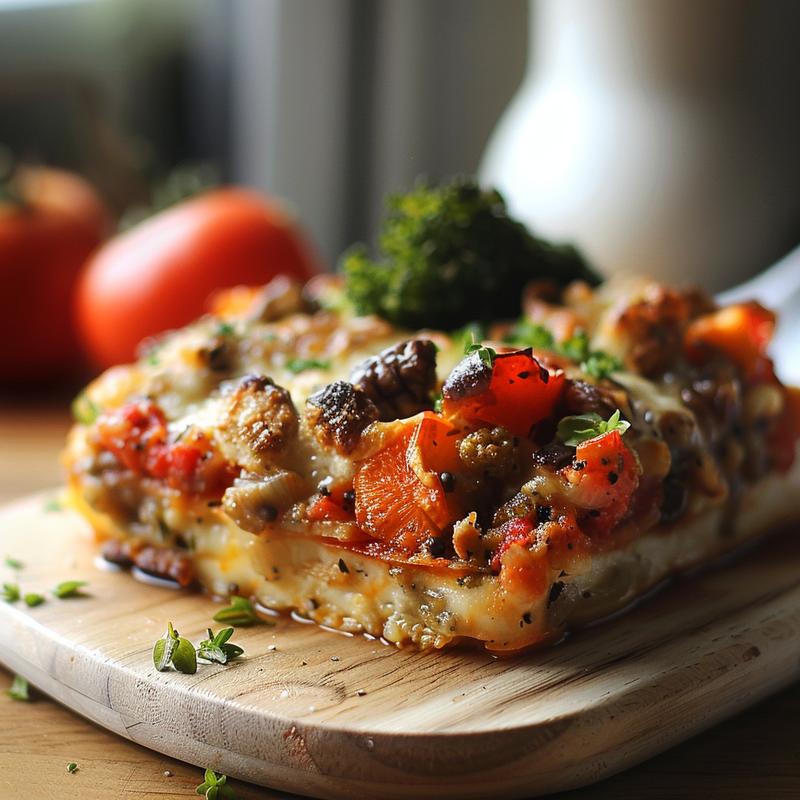 Close-up image of a cheesy cauliflower keto casserole served on a light wood board.