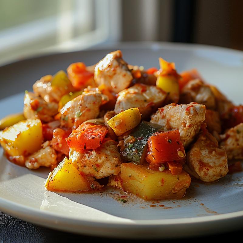 A close-up view of kid-friendly freezer meals on a light grey ceramic plate, showcasing vivid colors and textures.