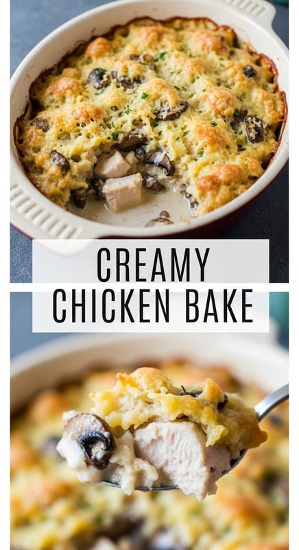 Overhead view of creamy chicken bake in a rustic baking dish.